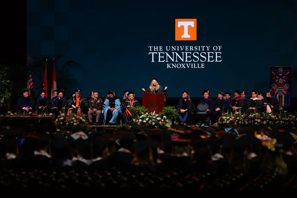 Kelly Arnold speaks during the College Arts and Sciences commencement ceremony inside Thompson-Boling Arena at Food City Center on May 18, 2024.