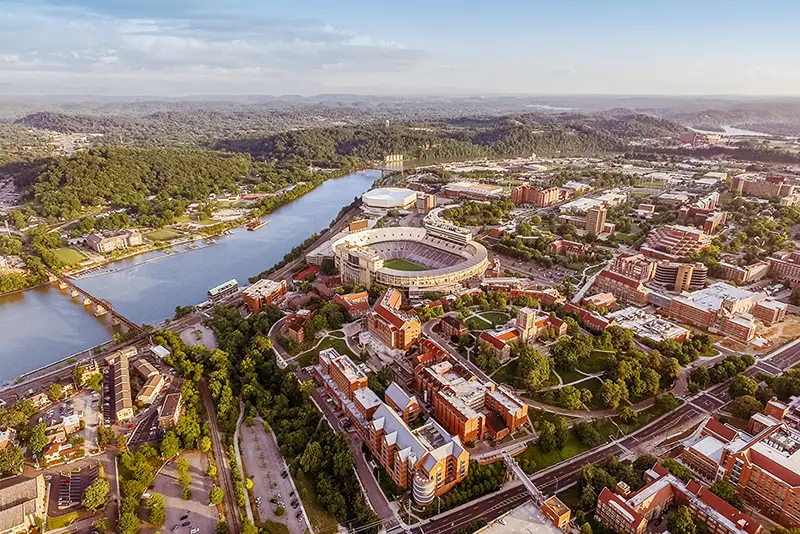 Aerial view of engineering campus with Tennessee River and Neyland Stadium in the background on June 12, 2018. Photo by University of Tennessee.